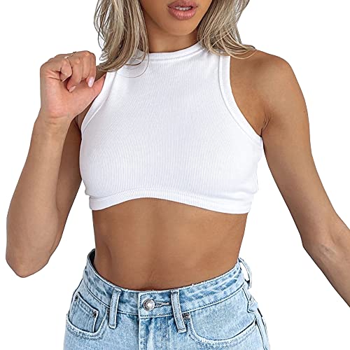 Abardsion Damen Rundhalsausschnitt Racerback Strick gerippt Basic ärmellos Crop Tank Tops, Weiß, Groß von Abardsion