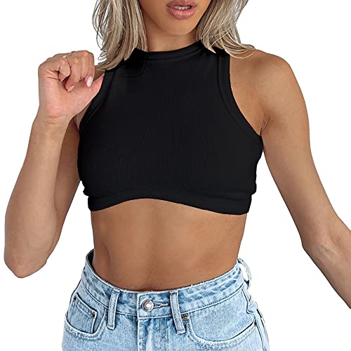 Abardsion Damen Rundhalsausschnitt Racerback Strick gerippt Basic ärmellos Crop Tank Tops, schwarz, Klein von Abardsion