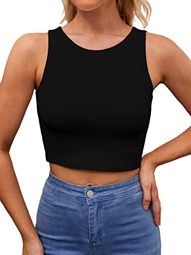 Abardsion Damen Sexy Ärmelloses Racerback Crop Top Klassisch Basic Double Layer Cute Cropped Tank Tops, Schwarz, Groß von Abardsion