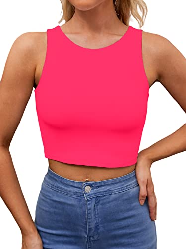 Abardsion Damen Sexy Ärmelloses Racerback Crop Top Klassisch Basic Double Layer Cute Cropped Tank Tops, neon pink, Groß von Abardsion