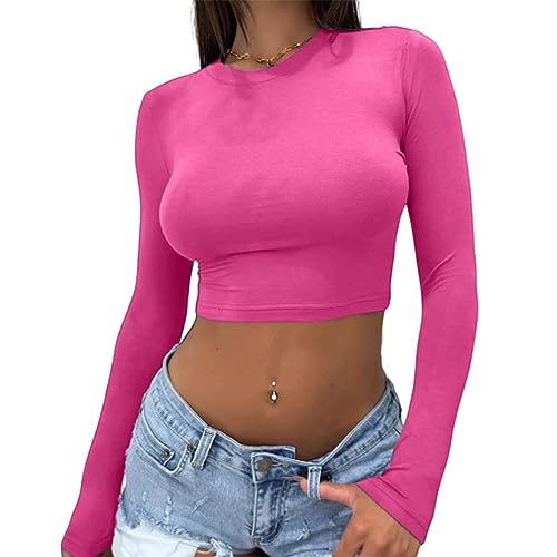 Abardsion Damen Sexy Langarm Crop Top 2023 Rundhals Basic Fitted Tight Cropped T-Shirts, Knallpink (Hot Pink), Mittel von Abardsion