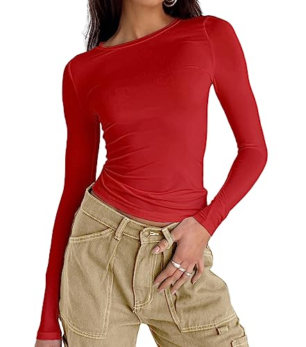 Damen Casual Basic Going Out Crop Tops Slim Fit Kurzarm Rundhals Enge T-Shirts, 2# Big Red, XX-Large von Abardsion