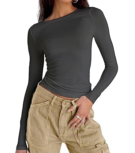 Abardsion Damen Langarmshirts Frühling 2025 Casual Basic Ausgehen Crop Tops Slim Fit Enge Y2K Kleidung, 2# Dunkelgrau, Klein von Abardsion