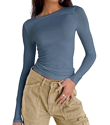 Damen Casual Basic Going Out Crop Tops Slim Fit Kurzarm Rundhals Enge T-Shirts, 2# Haze Blue, Klein von Abardsion