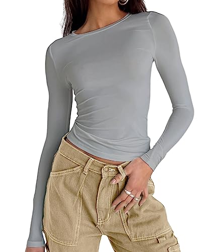 Damen Casual Basic Going Out Crop Tops Slim Fit Kurzarm Rundhals Enge T-Shirts, 2# Hellgrau, Klein von Abardsion
