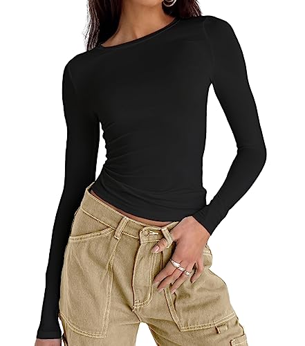 Damen Casual Basic Going Out Crop Tops Slim Fit Kurzarm Rundhals Enge T-Shirts, 2# Schwarz, Mittel von Abardsion