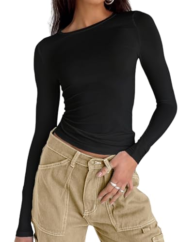 Abardsion Damen Langarmshirts Frühling 2025 Casual Basic Ausgehen Crop Tops Slim Fit Enge Y2K Kleidung, 2# Schwarz, Mittel von Abardsion