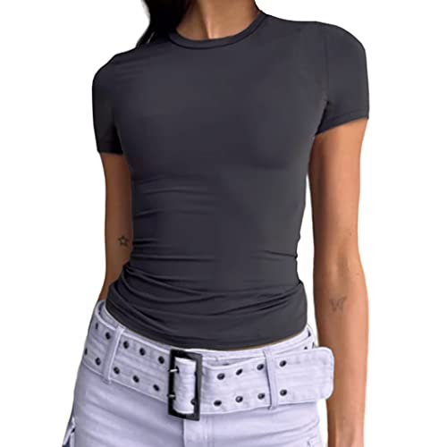 Damen Casual Basic Going Out Crop Tops Slim Fit Kurzarm Rundhals Enge T-Shirts, Tiefes grau, Klein von Abardsion