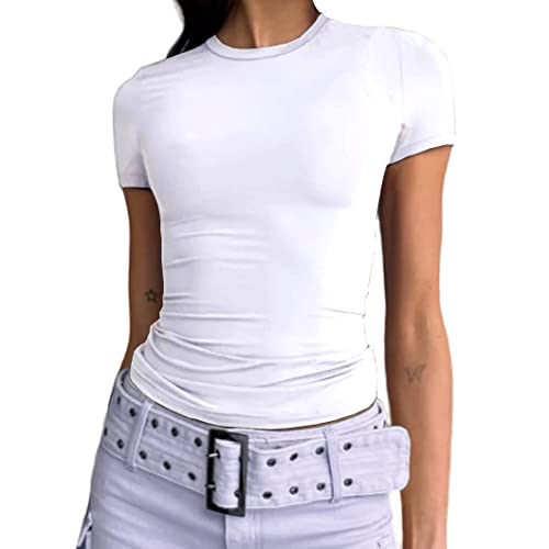 Damen Casual Basic Going Out Crop Tops Slim Fit Kurzarm Rundhals Enge T-Shirts, Weiss/opulenter Garten, Klein von Abardsion