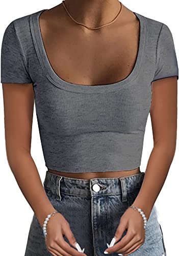 Damen Kurzarm Quadratischer Ausschnitt Cropped T Shirts Slim Fit Rippstrick Basic Crop Tops, GRAU, Klein von Abardsion