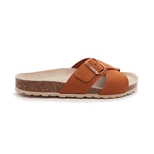 Abbacino Flache Damen-Sandale mit Schnalle in Cognac. Braun von Abbacino