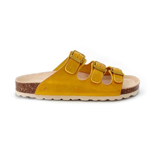 Abbacino Flache Damenleder-Sandale mit dreifacher Schnalle in Gelb. Gelb von Abbacino