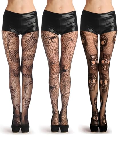 Abberrki Damen Halloween-Strümpfe Totenkopf Fischnetz Strumpfhose Spinnennetz Fischnetz, 3 Paar # 1, Einheitsgr��e von Abberrki