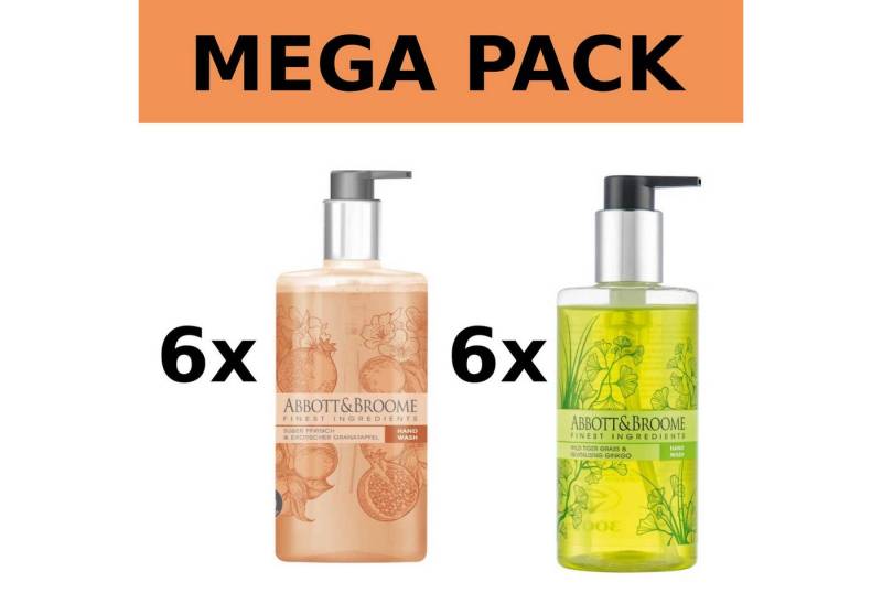 Abbott&Broome Flüssigseife Vegane Lotion Handseife Handwaschseife Pumpspender, 1-tlg., 6x Pfirsich Granatapfel + 6x Tigergrass Ginko von Abbott&Broome