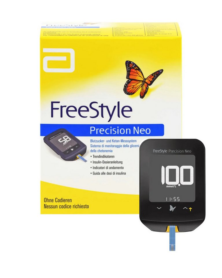 Abbott Blutzuckermessgerät FREESTYLE Precision mmol oder mgdl, Kombi-Set, Umfassende Speicherkapazität: 1000, Leuchtende Pfeile für klare Anzeige, Blutzuckerüberwachung, Mit PC-Schnittstelle, Integriertes Dosierungsprotokoll, tolles Design von Abbott