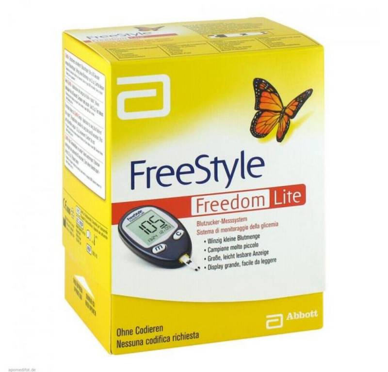 Abbott Blutzuckermessgerät FreeStyle Freedom Lite Blutzuckermessgerät-Set mg/dl oder mmol/l, Langzeitüberwachung mit 400 Messwerten, Schnelle Messzeit von 5 Sekunden, Biosensor für Glukosemessung, Nahezu schmerzfreie Messung von Abbott