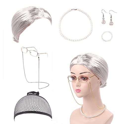 Alte Frau Perücke für Frauen, Alte Dame Perücke Ball Kopf Kostüm Set, Graue Haare Perücke mit Perlenkette, Brille, Glaskette Zubehör für Verkleidung Halloween Trick and Treat Abbto von Abbto