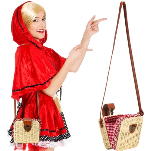 Abbylike Weidenkorb Crossbody Rattan-Tasche Clutch Gingham Picknickkorb Kostüm Zubehör Frauen Boho Tasche Clutch gewebte Handtasche gewebte Stroh Handtasche für Halloween-Kostüme von Abbylike