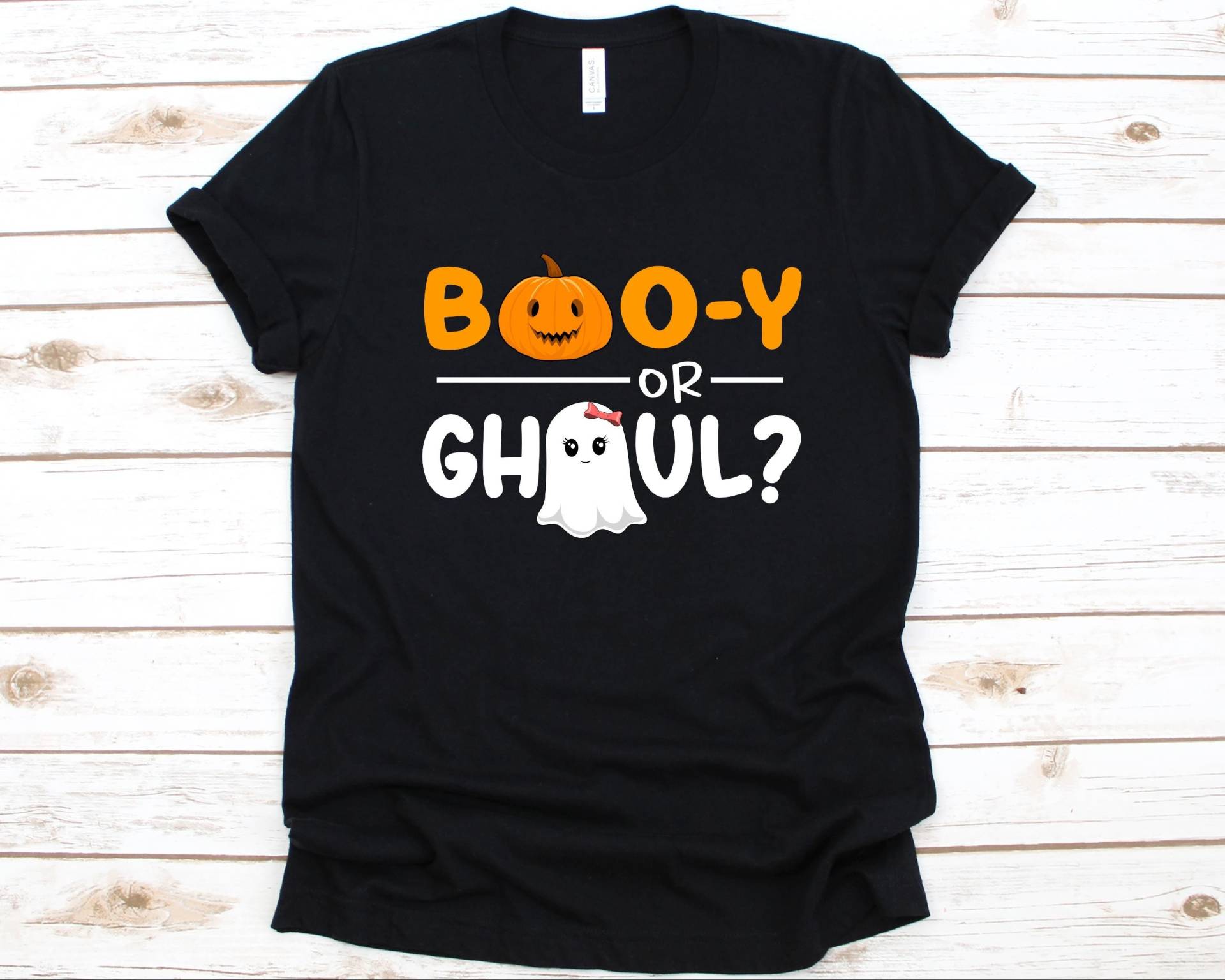 Boo-Y Or Ghourl Shirt, Gender Reveal Halloween Grafik, Rosa Oder Blau Baby Geist, Junge Mädchen, Schwangerschaft Reise Shower von AbbysDesignFactory