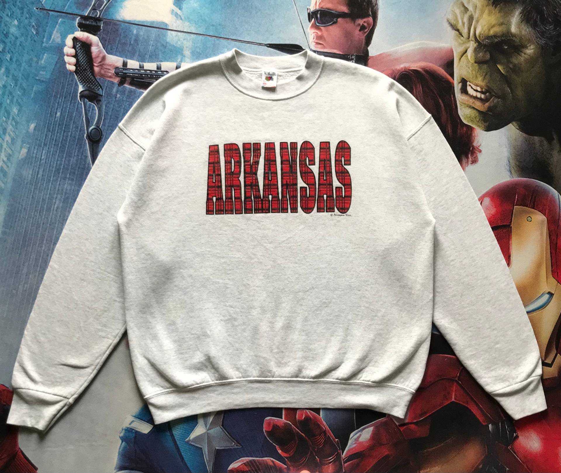 Vintage 90Er Jahre Arkansas Spellout Crewneck Sweatshirt Fruit Of The Loom Tag Xl Größe von AbeVintageStore