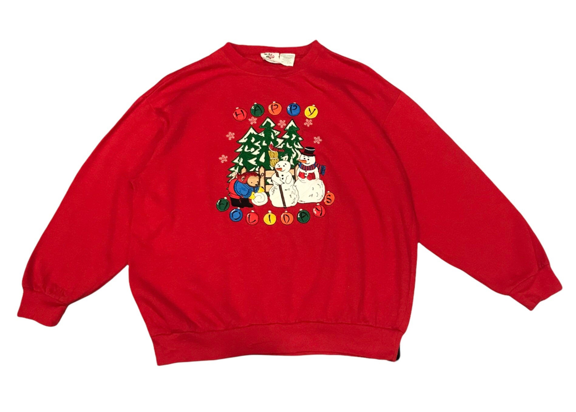 Vintage 90Er Jahre Art Happy Holidays Stickerei Crewneck Sweatshirt L Größe von AbeVintageStore