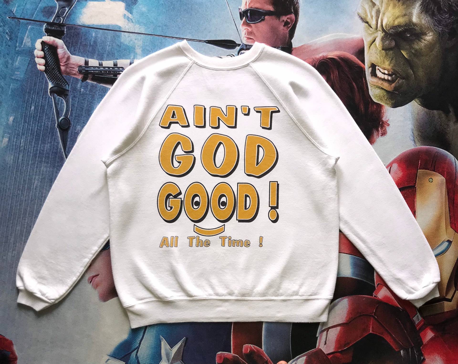 Vintage 90Er Jahre Hanes Tag "Ain't God Good All The Time" Spellout Crewneck Sweatshirt M Größe von AbeVintageStore