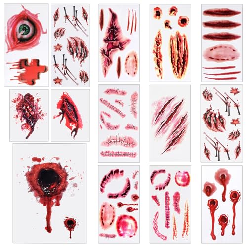 14 Blatt Halloween Tattoo Stickers,Halloween Narbe Temporäre Blutige Wunde Tattoo Aufkleber,Wasserdicht Halloween Zombie Makeovers für Vampir Zombie Cosplay Masquerade Prank Makeup Dekorationen von Abeillo