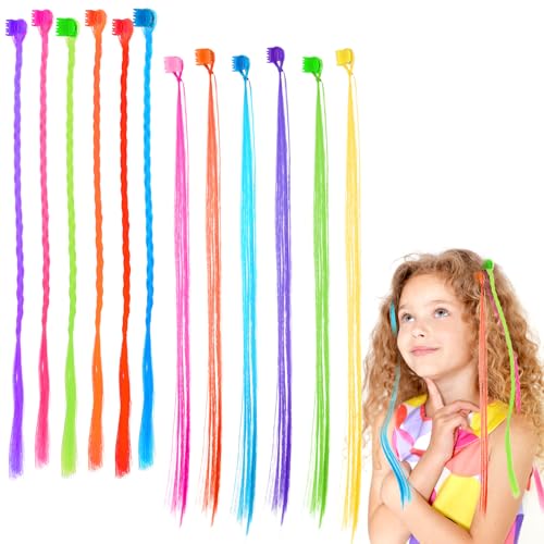 24 Stück Haarverlängerungen für Kinder, Abeillo Glitzer Haare, Farbige Haarverlängerungen mit Haarspangen für Mädchen, Haarzöpfe, Regenbogen-Perücke, Party-Highlights, Haar-Accessoires, Haarteile von Abeillo