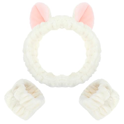 3 Stück Gesicht Waschen Stirnband Set, Niedliche Katzenohren SPA Haarband Mit Handgelenk Waschband, Weiches Korallen Fleece Kosmetik, Elastisches Abschmink Zum Waschen von Abeillo