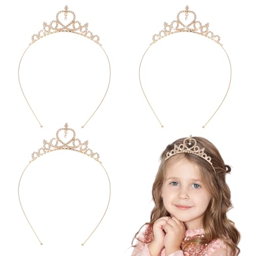 3 Stück Madchen Strass Krone, Prinzessin Tiara Krone Damen, Herzform Mädchen Kristall Tiara Strass Hochzeit Krone Braut Stirnband für Geburtstag, Hochzeit, Festzug, Party(Gold) von Abeillo