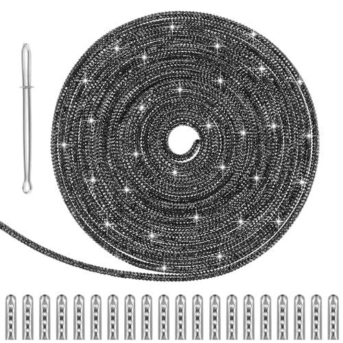 5 m Rund Schnürsenkel mit 20 Metallspitzenköpfen Glitzer Strass Schuhbänder Schwarz Kristall Laces, Blinkendes Nylonseil ​​für DIY Jogginghosen Sneakers Stiefel Hoodie Kleid Dekorative Sneakers von Abeillo