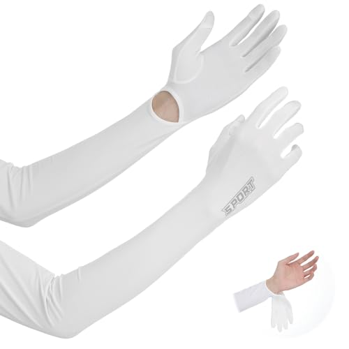 Abeillo 1 Paar UV-Sonnenschutz Armlinge,Lang Vollfinger Schutzarm Handschuh mit Touchscreen Fahrhandschuhe,Sport Armstulpen für Radsport,Geeignet für Sommer Laufen Volleyball Fahren(Weiß) von Abeillo