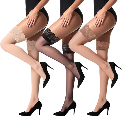 Abeillo 3 Paar Halterlose Strümpfe Damen,Transparente Strumpfhosen mit Spitze,Rutschfeste Silikon-Thigh Highs Stockings，Elegant Halterlose Strümpfe für Damen und Mädchen von Abeillo
