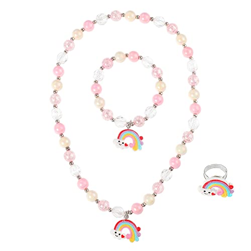 Abeillo 3 Stück Kinder Schmuck Set Kinderschmuck für Mädchen, Kleinkind Halskette Armband Ring Set, Regenbogen Perlenkette Perlenarmband Schmucksets für Party Geschenke Geburtstag von Abeillo