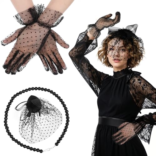 Abeillo 3er-Set 1920er Fascinators für Damen,Schwarz Schleier Hut,Fascinator-Teeparty-Hut mit Schleier, Spitzenhandschuhen und Kunstperlenkette für 1920er Accessoires Damen von Abeillo