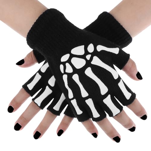 Abeillo Halloween Skelett Handschuhe,Leuchtet Halbfinger Handschuhe Skelett,Halloween Cosplay Party Requisiten,Leuchtend Skelett Handschuhe Halloween für Kostüm Zubehör(Erwachsene) von Abeillo