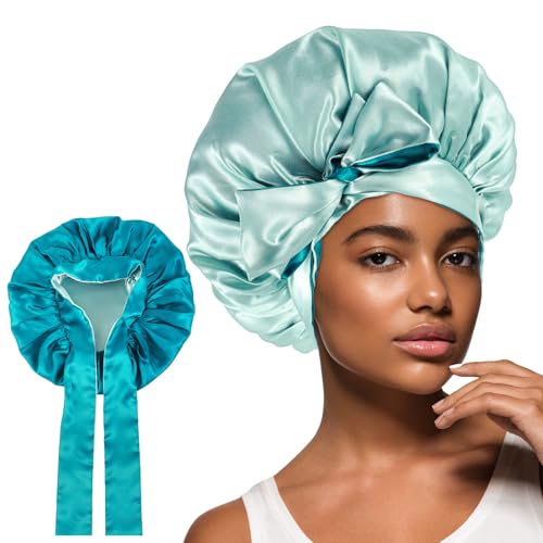 Abeillo Seidenhaube zum Schlafen, Doppellagige Satin Schlafhaube mit Bindeband, Nachtmütze Haarhaube, Wendbare Satin Schlafkappe für Damen und Mädchen Lockiges Haar, Zopf (Grün + Cyan) von Abeillo