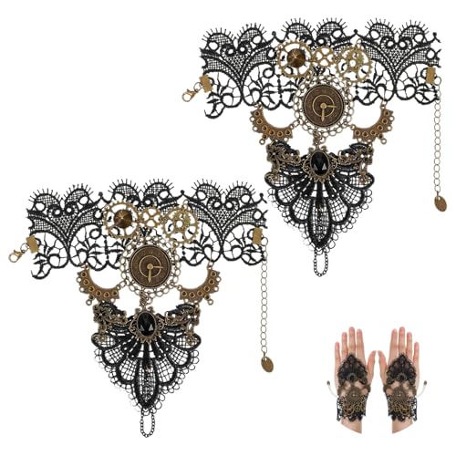 Abeillo Steampunk Fingerlose Handschuhe,Retro Spitze Steampunk Accessoires,Damen Handschuhe,Steam Punk-Armband Zifferblatt Perlenarmband Handschuhes,für Karneval & Party von Abeillo