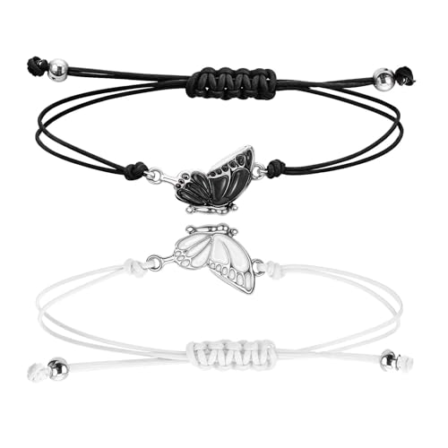 Freundschaftsarmbänder,2 Stück Verstellbare Schmetterling Freundschaftsarmband,Mädchen Beste Freundin Armband,Einfaches Schmetterlingsarmband für Damen Freunde Matching Bracelets(Schwarz + Weiß) von Abeillo