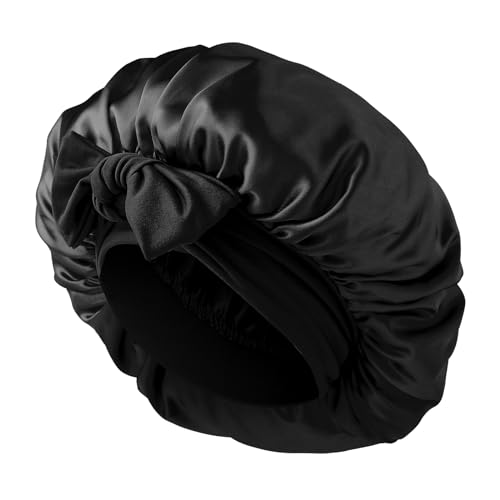 Abeillo Schlafmütze Satin Bonnet Nacht Schlaf Mütze, Nachtmütze Haarhaube, Verstellbare Seidenhaube zum Schlafen mit Elastischem Band für Damen und Mädchen Alle Haartypen (Schwarz) von Abeillo