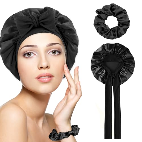Seidenhaube zum Schlafen, Satin Haarhaube Nacht Schlafhaube mit Haargummis, Schlafmütze Haare Schützen,Nachtmütze Haarhaube, Verstellbare Silk Bonnet mit Elastischem Band für Damen, Mädchen(Schwarz) Seidenhaube zum Schlafen, Satin Haarhaube Nacht Schlafhaube mit Haargummis, Schlafmütze Haare Schützen,Nachtmütze Haarhaube, Verstellbare Silk Bonnet mit Elastischem Band für Damen, Mädchen(Schwarz) von Abeillo