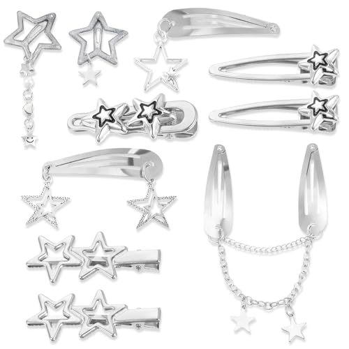 Silber Haarspangen Y2K, 10 Stück Silber Haarspangen Damen, Stern Haarspangen - 8 Formen Y2K Silber Haarspangen Pentagramm Haarspangen Kawaii Haarclips Y2K Hair Accessoires für Frauen Kinder von Abeillo