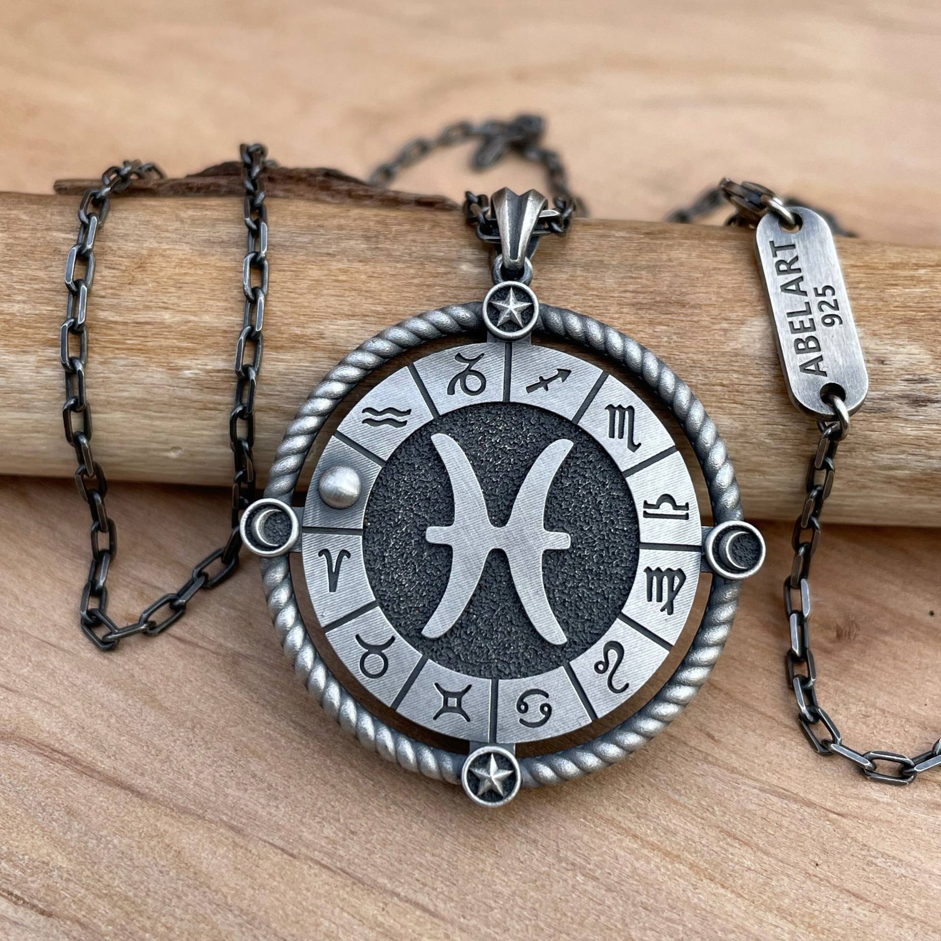 Pisces Astrologie Sterling Silber Männer Anhänger Halskette Geburtstagsgeschenk, Sternzeichen Schmuck, Horoskop-Männer von AbelArtJewelry