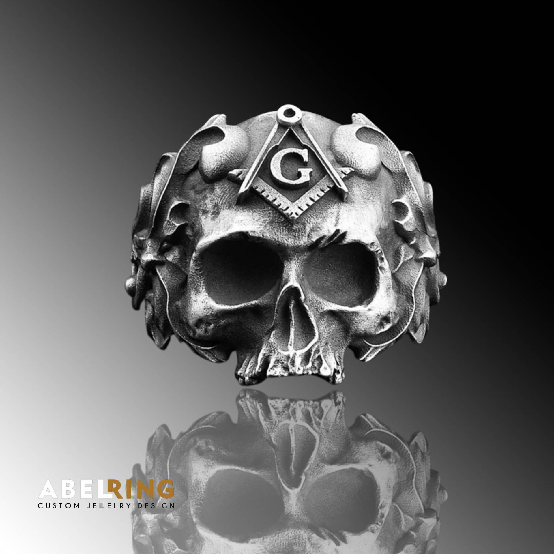 925 Sterling Silber Herren Masonic Skull Ring, Oxidiertes Ring Geschenk Für Ihn, Master Mason Freimaurer von AbelCustomRing