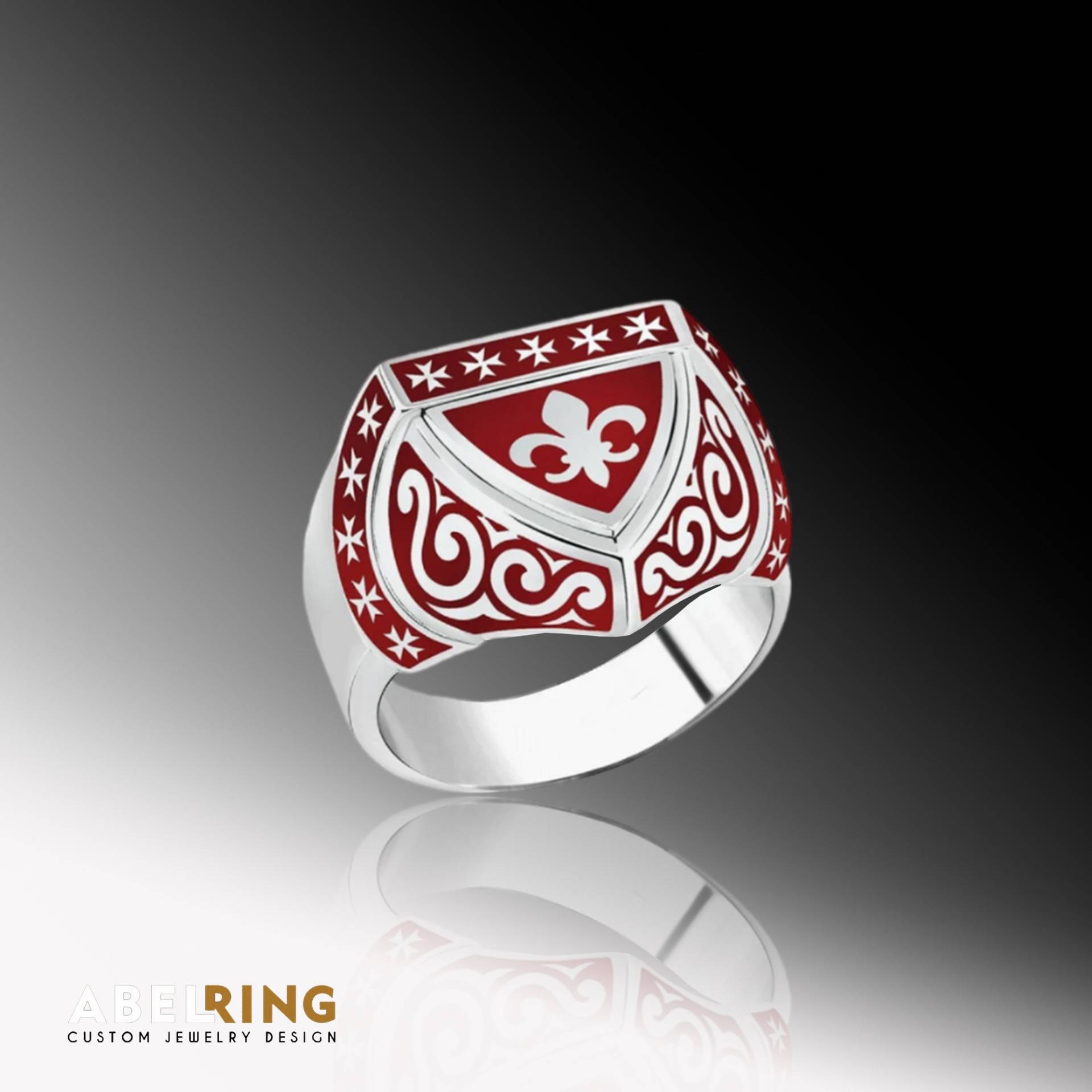 Kreuz Themed For Men Signet Fleur De Lis Silber Emaille Schild Ring, Rot Bague De von AbelCustomRing