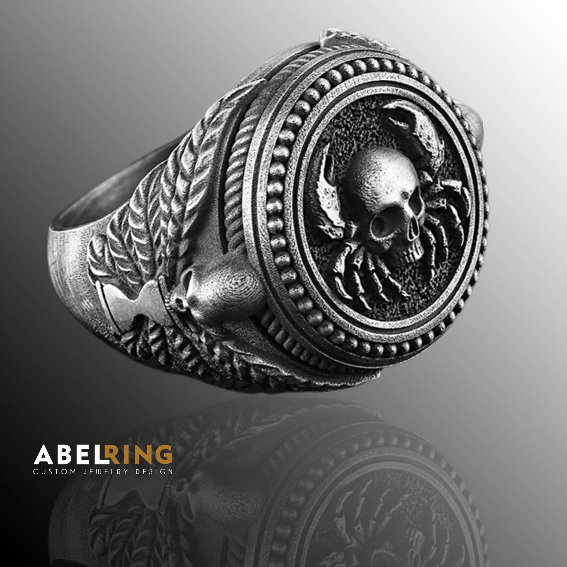 Totenkopf Sternzeichen Ring, Krebs Männer Silber Oxidierter Silberring, Horoskop, Astrologie, Ring von AbelCustomRing