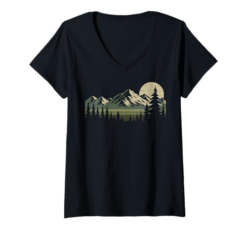 Damen Natur Landschaft Retro Wandern Vintage Wanderer T-Shirt mit V-Ausschnitt von Abenteuer Camping Wandern Berg Outdoor