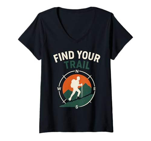 Damen Find Your Trail Wanderer Kompass T-Shirt mit V-Ausschnitt Damen Find Your Trail Wanderer Kompass T-Shirt mit V-Ausschnitt von Abenteuer Wanderlust Outdoor Entdecken