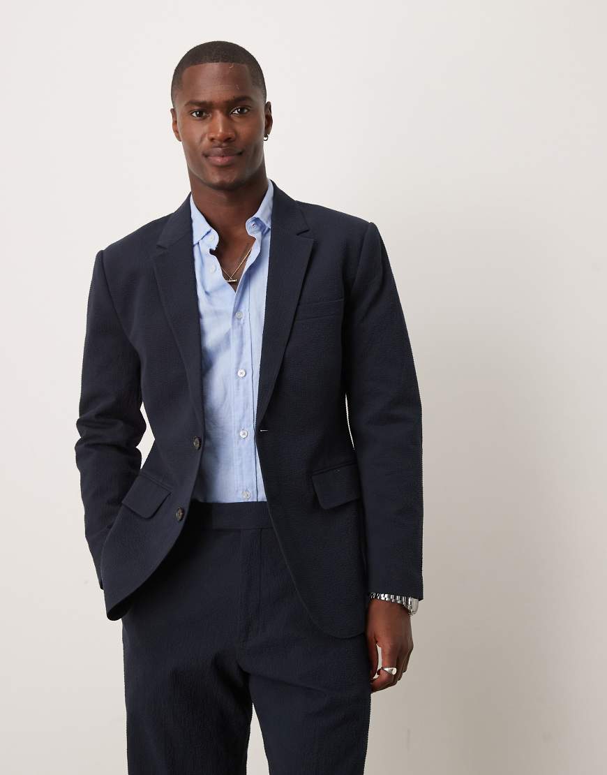 Abercombie & Fitch - Einreihiger Anzug-Blazer in schmaler Passform aus Seersucker in Marineblau, Kombiteil von Abercrombie & Fitch
