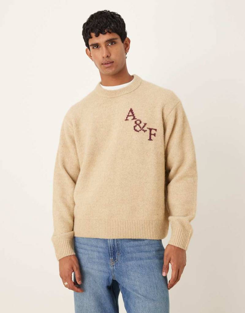 Abercrombie & Fitch - Flauschiger Oversize-Pullover in Beige mit Rundhalsausschnitt und Logo-Neutral von Abercrombie & Fitch